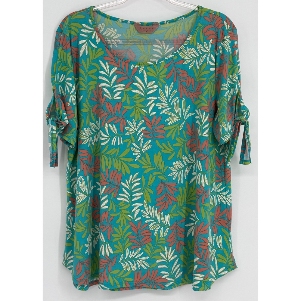 AMANA Womens Tropical Leaf Print Tie Sleeve Scoop Neck Top Teal Green Pink Sz 2X
